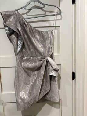 SAYLOR One-Shoulder Metallic Silver Draped Bow Dress